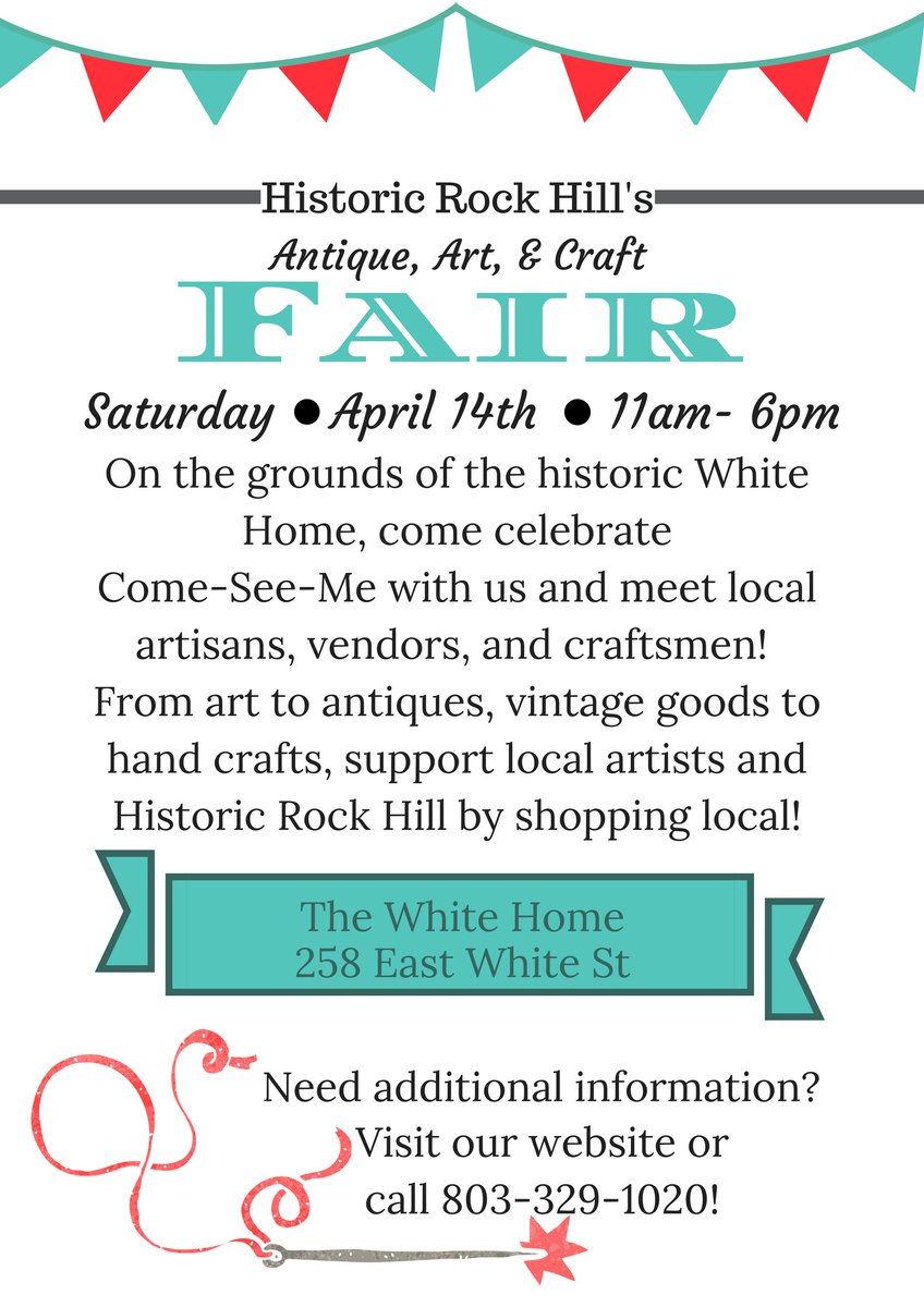Call for Artists: We are seeking artists for a festival on April 14th.  Only accepting antiques, arts and crafts, &amp; handmade/crafted products only. $25 for vendors. Deadline: 3/31: email info@historicrockhill.com for registration information #callforart