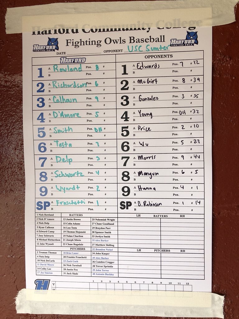 Game 1 of 2018 is a half hour away! Here is the lineup that will face <a href="/USCSumterBSE/">USC Sumter Baseball</a>. Follow live stats: sidearmstats.com/Harford/baseba…