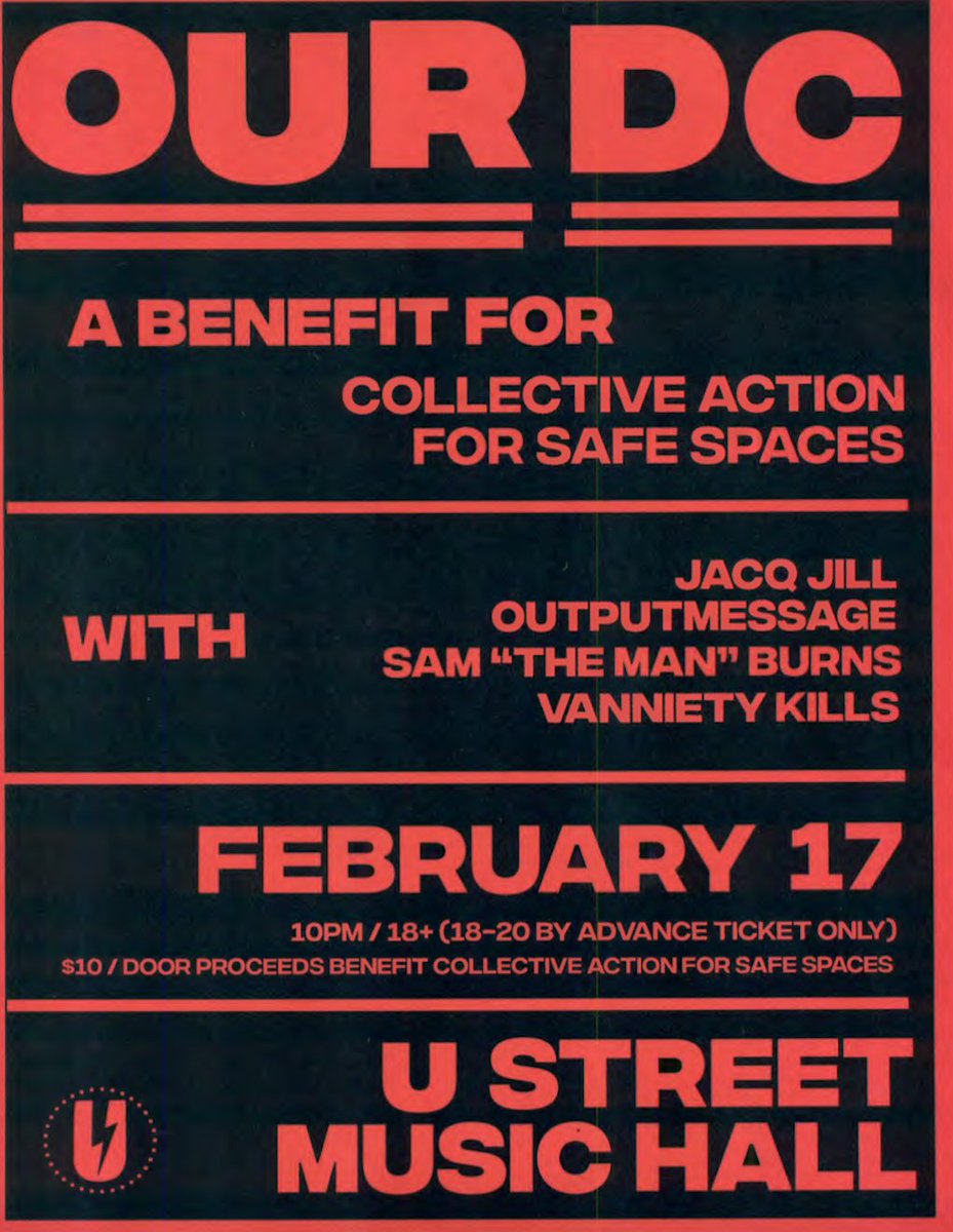 SET TIMES:
<a href="/Itsjacqjill/">Jacq Jill</a> 10 PM
<a href="/lesbanAnnie/">dj Vanniety Kills</a> 11 PM
<a href="/SamTheManBurns/">Sam Burns</a> 12 AM
<a href="/Outputmessage/">Outputmessage</a> 1:30 AM
$10 | 18+ | 18-20 by advance ticket only | bit.ly/OURDC217