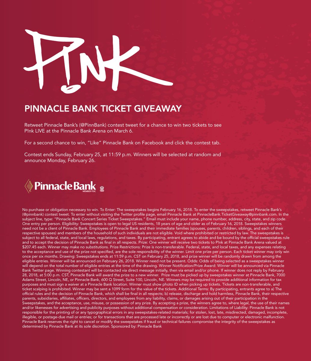pinnbank's tweet photo. Want to see @Pink at @PinnacleArena?

Retweet this to enter to win 2 tickets to see her on March 6! https://t.co/fdZyX7RUIs