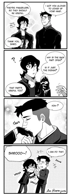 an omake I drew for my upcoming HS AU #sheith zine! keith injures his hand so shiro buys him gloves 😚 
