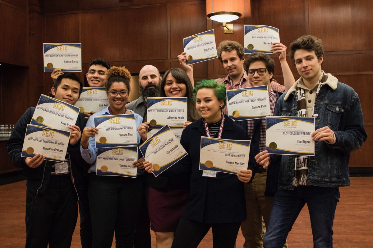 signalgsu's tweet photo. #SEJC2018 at @HardingU is a wrap! The Signal walked away with 16 total Best of the South awards, including...
🥇 Best Magazine (The Urbanite)
🥇 Best Newspaper
🥇 Best Website
Congrats Signal staff, and thank you for supporting student media! https://t.co/eob3gNgwpy