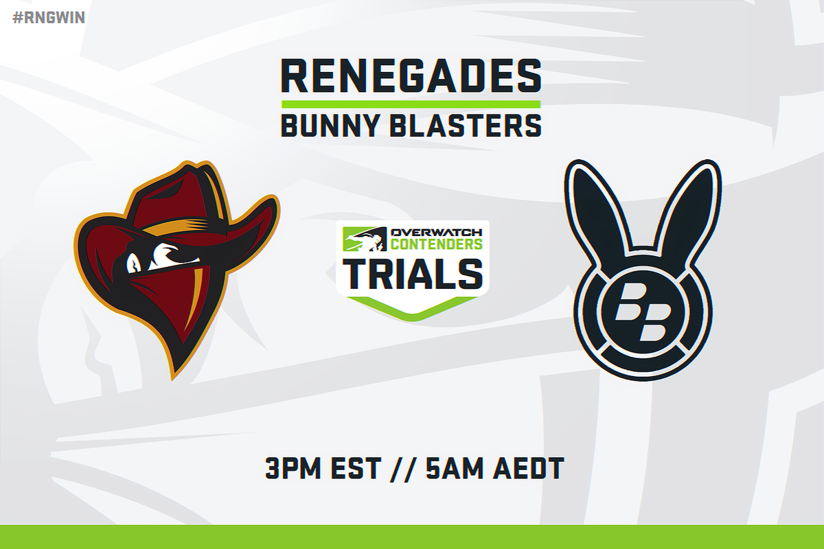 Renegades's tweet photo. Our opening match of @PlayOverwatch #ContenderTrials is against #BunnyBlasters tonight! Aiming for more strong victories from #RNGOW this weekend 💪🏻 #RNGFAM
⏰ 3pm EST // 5am AEDT
📺 https://t.co/Nd2JJceg1O https://t.co/Tz3WwW0Bx8