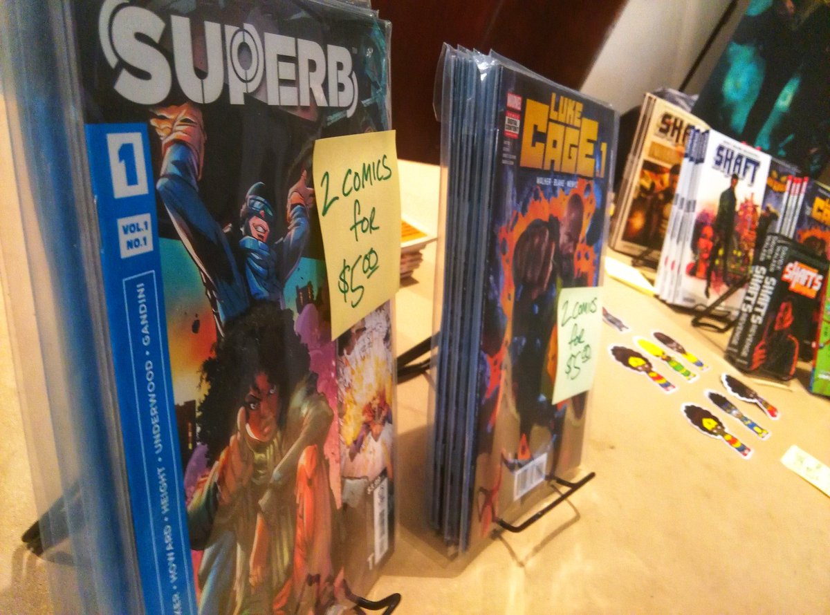 sdcomicfest's tweet photo. The first Black Comix Day is here at the Malcolm X Library! Check out the comics & meet the artists. This free event was organized by @KIDCOMICSKJ. #comics #comicbooks #BLKCOMIXDAY2018 #RepresentationMatters #sandiego https://t.co/tTin4z0Cmp