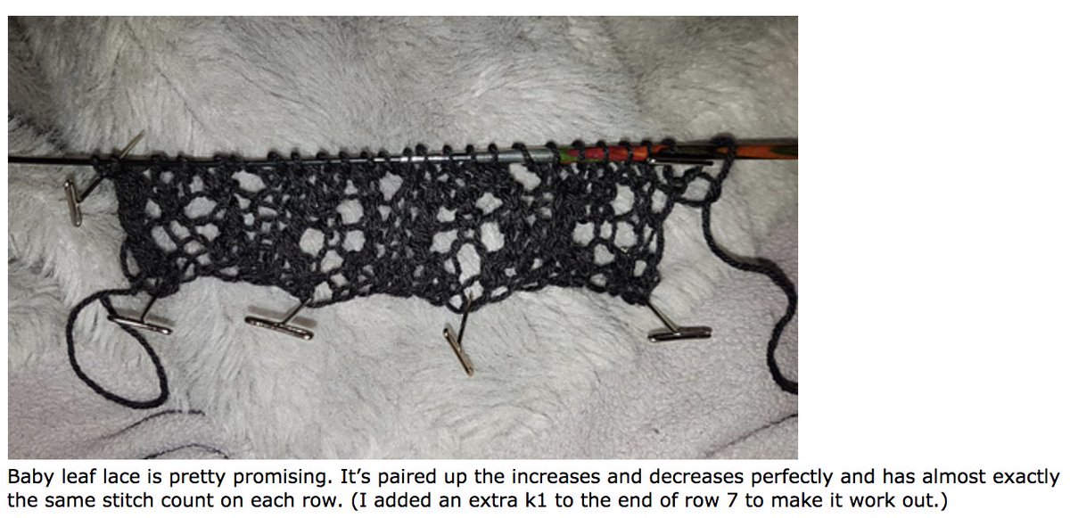 Baby leaf lace is pretty promising. It’s paired up the increases and decreases perfectly and has almost exactly the same stitch count on each row. (I added an extra k1 to the end of row 7 to make it work out.)