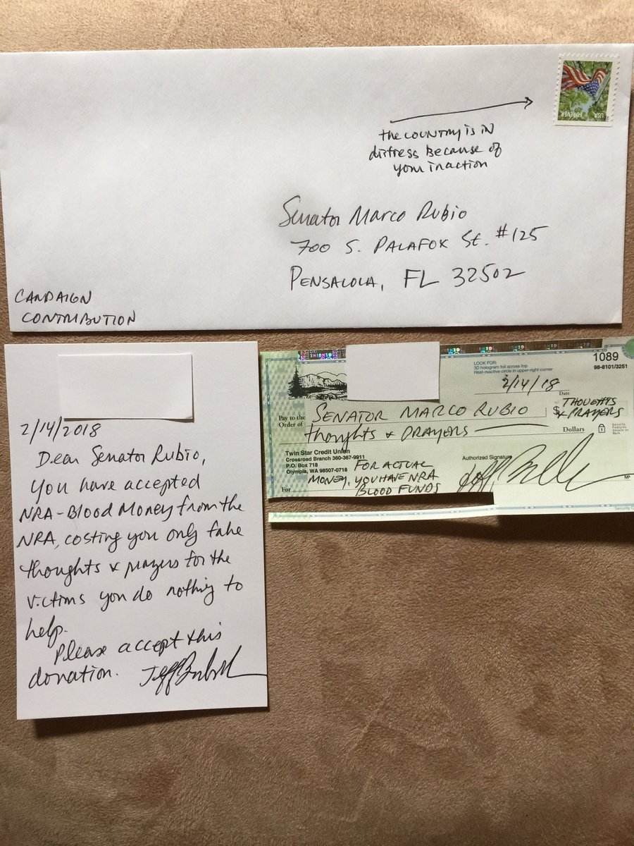 JBirkenstein's tweet photo. Sending a contribution to #RubioMustGo2020, who directly benefits from the carnage with #NRA Blood Money. @Marcorubio #thoughtsandprayers https://t.co/BS6vcOSSgE
