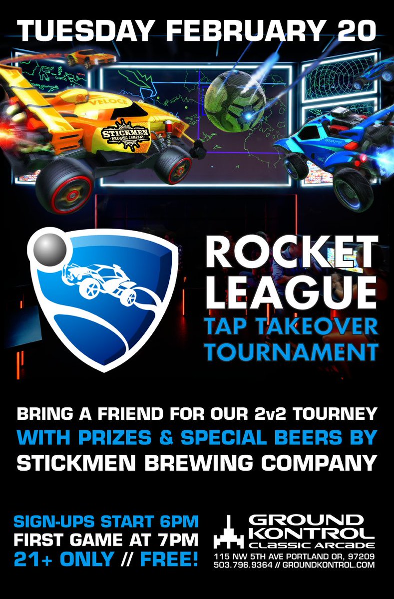 GroundKontrol's tweet photo. Our first ever @RocketLeague 2v2 tournament and tap takeover with @Stickmenbeer is coming up on Tuesday! Anyone practicing this weekend? https://t.co/6qODd2KUAb