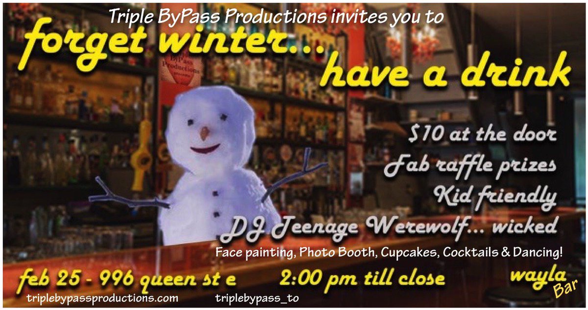 triplebypasspro's tweet image. Come on out folks for an amazing time, Triple ByPass style @WaylaBarToronto 966 Queen E. 2pm-close. Kids friendly! #DJWerewolf will keep the jams coming!!! #triplebypassproductions #theatre #dj #fundraiser #Toronto #leslieville #DanceParty