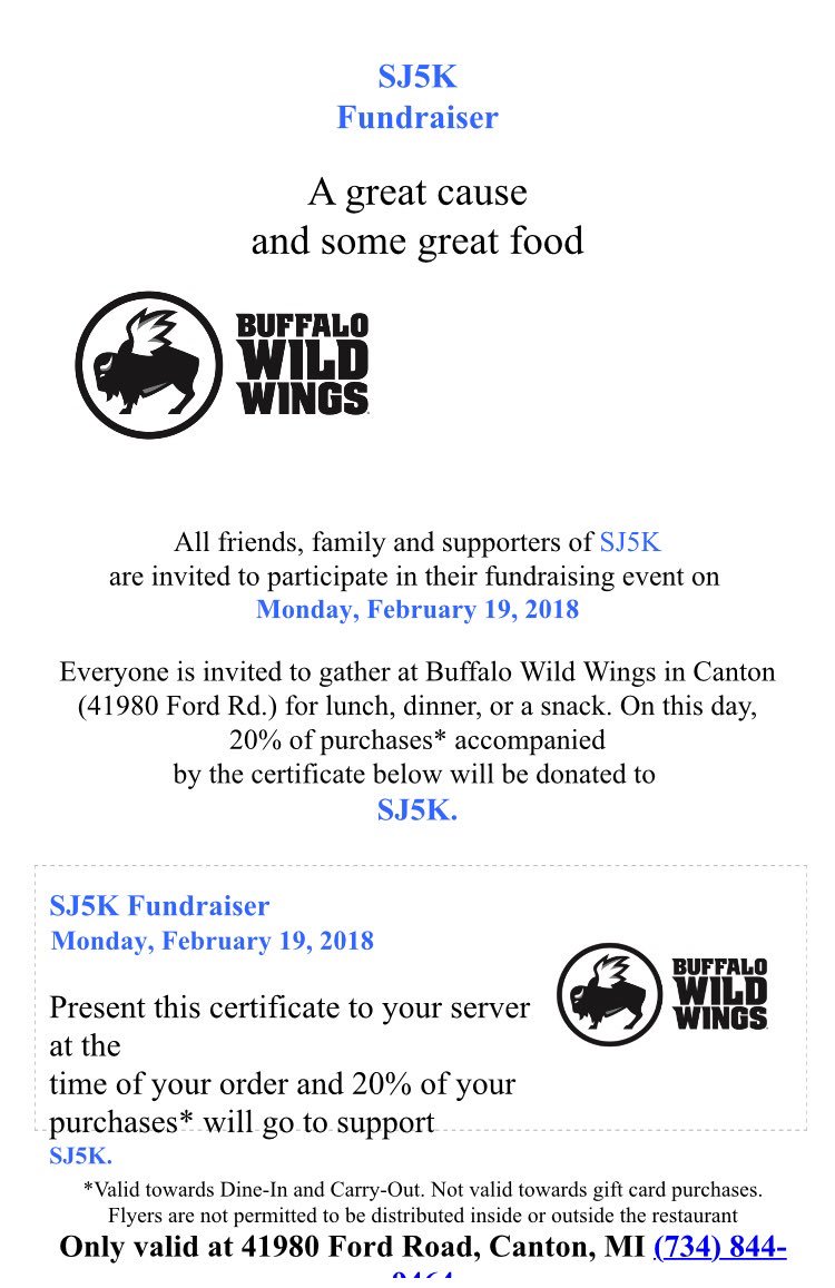 TheSJ5K's tweet photo. Don’t forget on Monday to stop by bdubs to support this years SJ5K! You must bring the flier!!!!! https://t.co/qW7uhahrnd