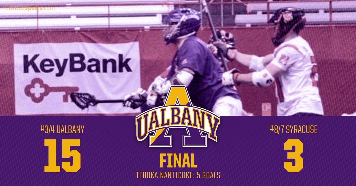 UAlbanyMLax's tweet photo. FINAL - #3/4 UAlbany 15, #8/7 Syracuse 3.  UAlbany holds Syracuse to its lowest single game goal total since 1991.  Nanticoke with five goals, Patterson with four. https://t.co/IlZREr1E7q