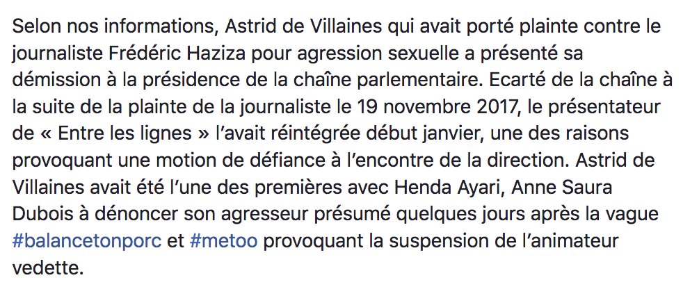 paul_denton's tweet photo. La journaliste Astrid de Villaines, qui avait porté plainte contre Frédéric Haziza pour agression sexuelle, a présenté sa démission à la  présidence de la chaîne parlementaire : le sentiment d'injustice est total. (info @LettreAudio) #BalanceTonPorc #DirectAN https://t.co/WALdCjNaUX