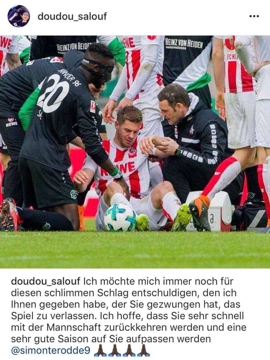 Diesen Wünschen von @salouf5 schließen wir uns an! 😊
Via Instagram entschuldigt er sich bei Simon #Terodde vom <a href="/fckoeln/">1. FC Köln</a> und wünscht ihm GUTE BESSERUNG! 🍀🍀🍀 #H96 #NiemalsAllein #KOEH96