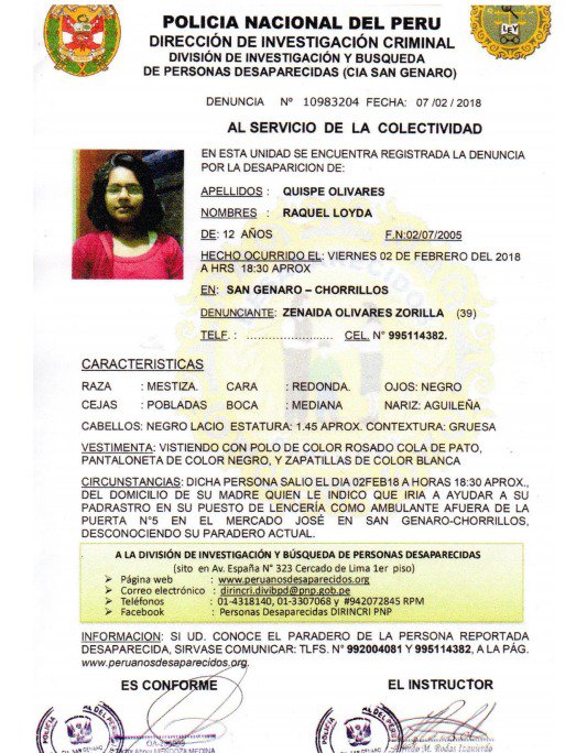 MuniLima's tweet photo. #AlertaAmberMML: Informamos la desaparición de la menor Raquel Quispe Olivares, quien fue vista por última vez en el distrito de Chorrillos.
 
▶Cualquier información comunicarse al teléfono: 941 352 897 https://t.co/4M6VqLJ0TI