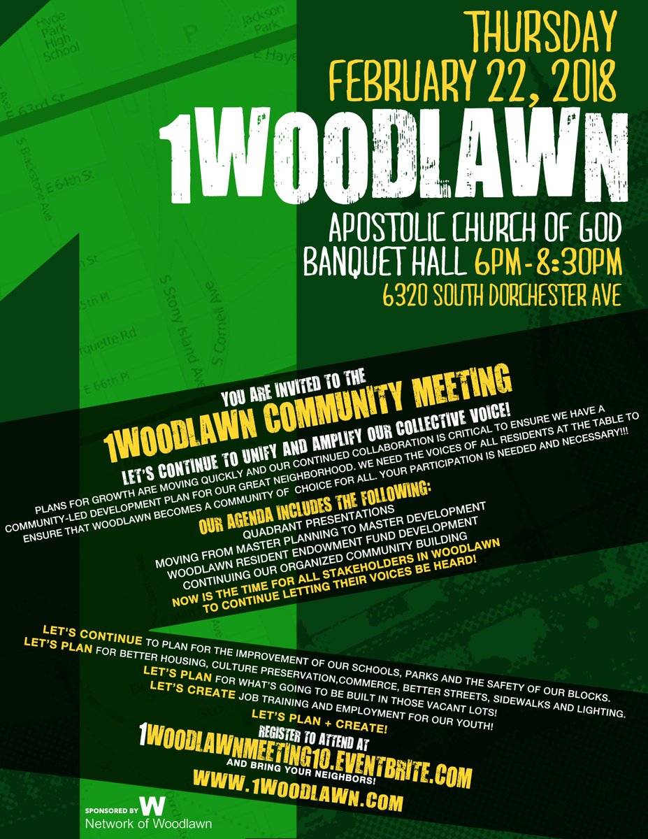 UP NEXT: 1Woodlawn Community Meeting to Address Displacement in Woodlawn. Thursday, February 22, 2018 at 6pm. There will be a full  presentation on a course of action to minimize involuntary displacement. Join us! #1Woodlawn