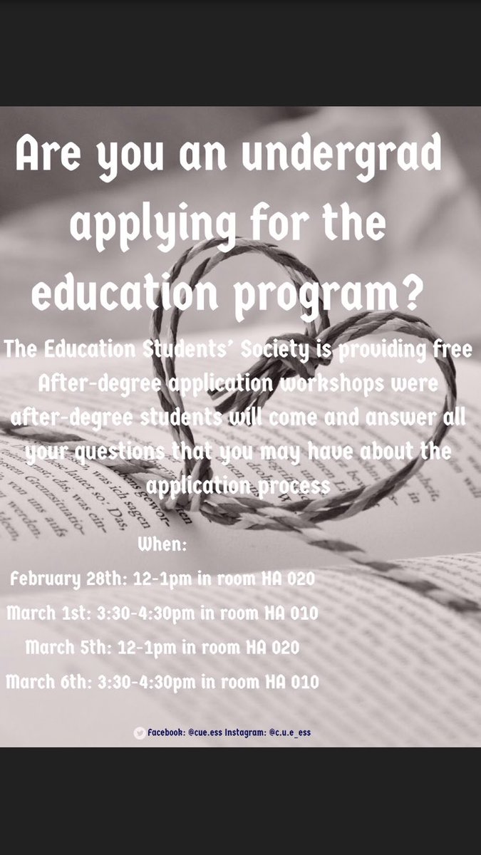 Are you an undergraduate student applying to the education after-degree program? Do you have questions about the application process? The education students’ society is providing free workshops to answer all your questions that you may have! #ConcordiaYEG #cueess #Education