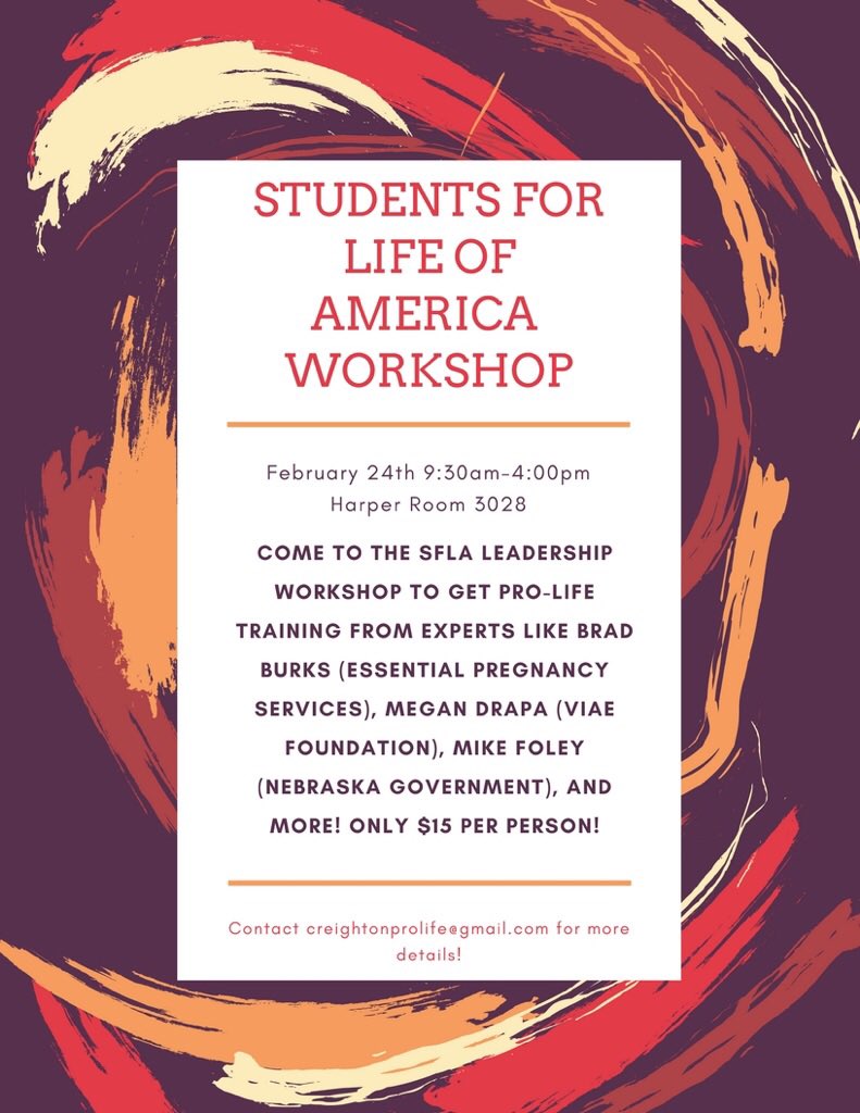 CUProLife's tweet image. On Feb. 24 @Students4LifeHQ will be hosting a workshop on Creighton’s Campus! Don’t miss out! 

Link: prolifeamerica.org/omaha-leadersh…