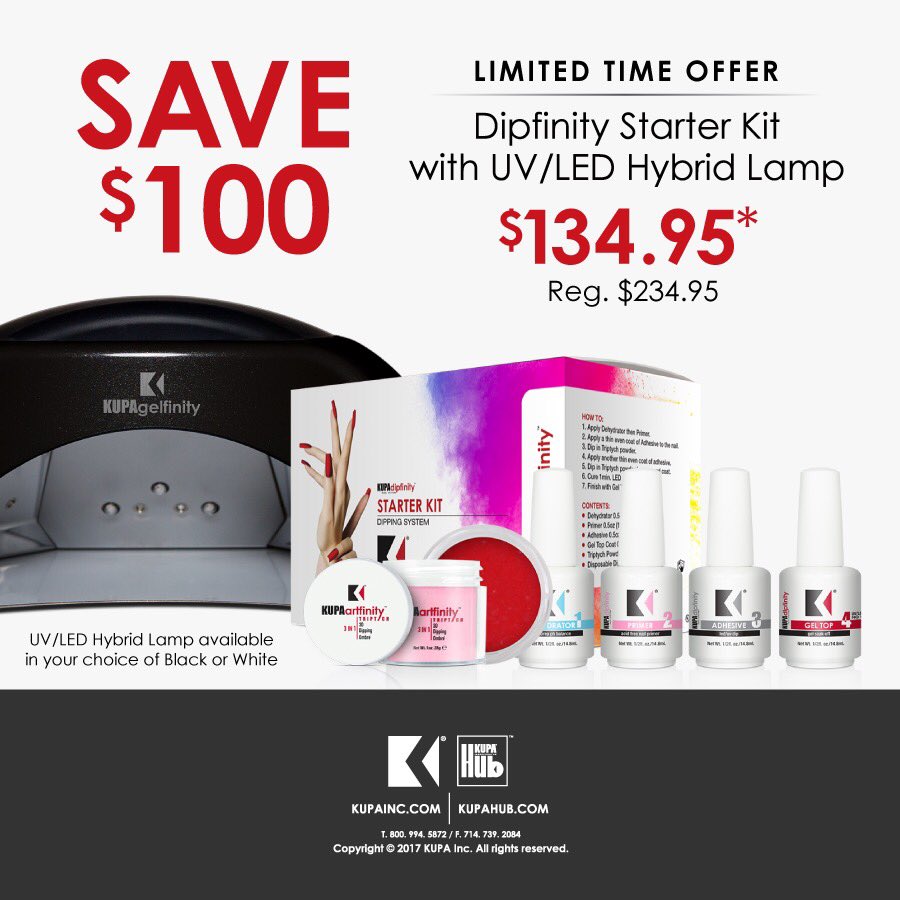 Save $100 instantly on the DipFinity Starter Kit with UV/LED Hybrid Lamp, no promo code necessary! *No other discounts / promos valid with this already special deal! Limited time offer at: kupainc.com/collections/uv… 
#TeamKupa #KupaInc #DipFinity #DipFinityNails #KupaNails #DipNails
