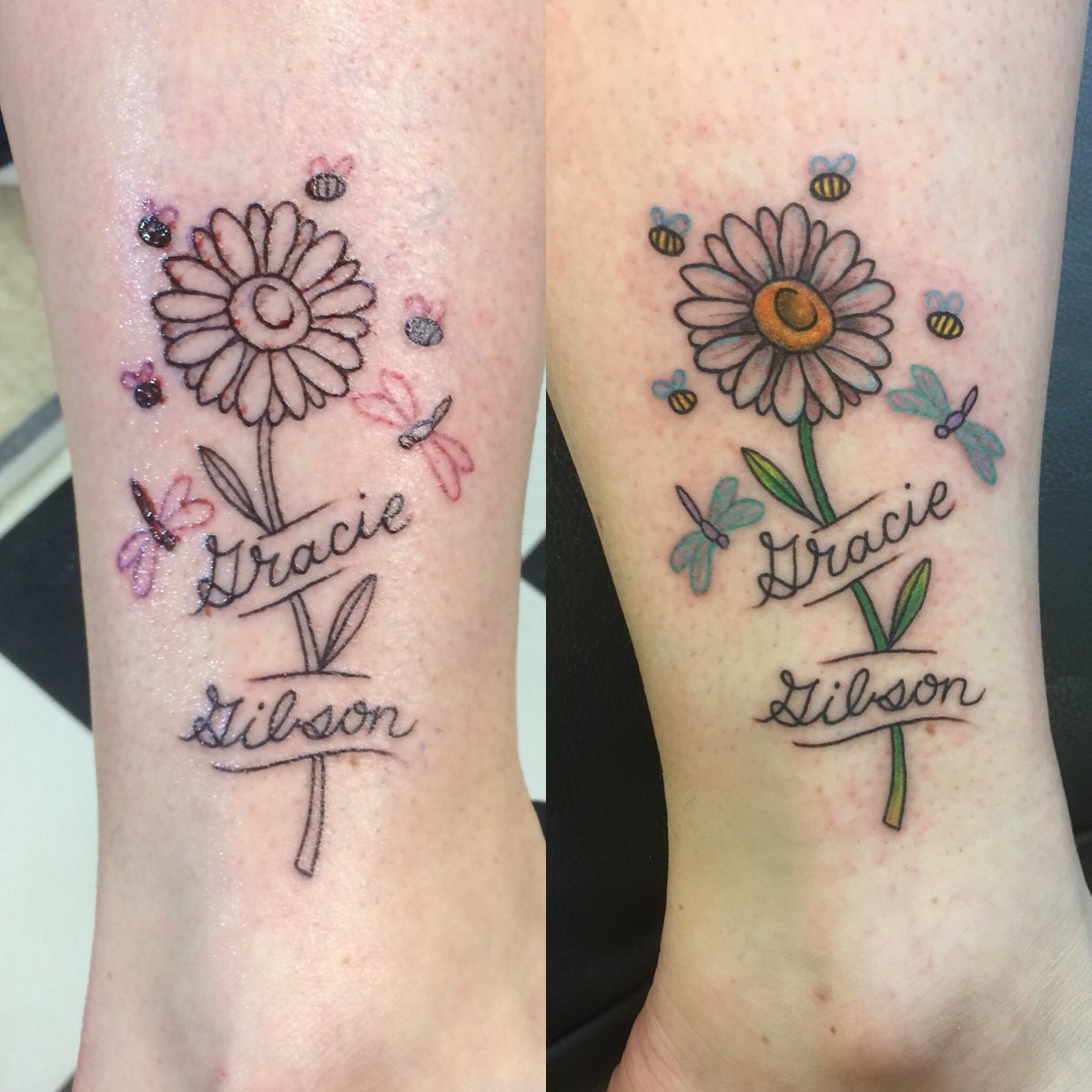 Briarann19's tweet photo. This happened today!! Awesome job again by Kent Street Tattoo in Lindsay! I love it!!! #tattoo #daisy #fourBs #dragonflies #mybabies #kentstreettattoo https://t.co/GZFpJVpXIz