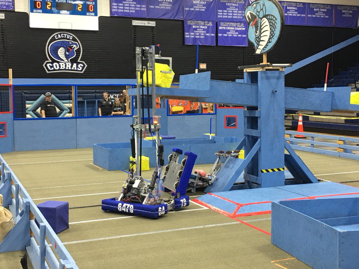 team6479's tweet photo. @frcteam498 How's the view from down there? #DuelInTheDesert2018 #FIRSTPowerup  #omgrobots https://t.co/qXD5chyLty