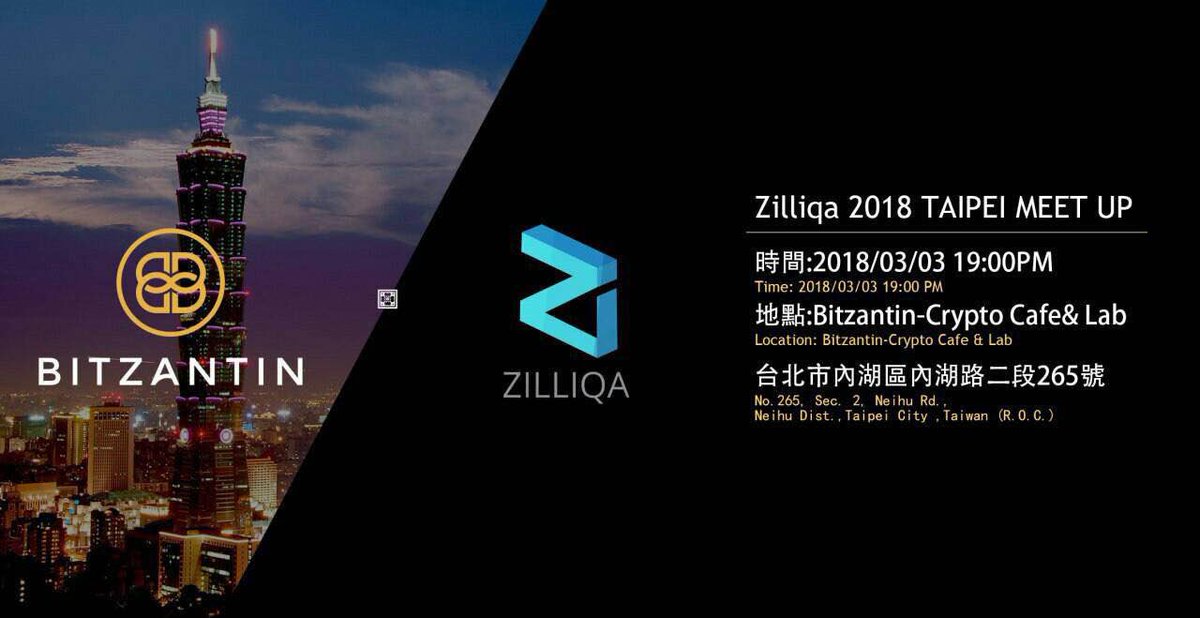 zilliqa's tweet image. We are going to be holding a meetup in Taipei on 3rd March 2018 7pm at Bitzantin-Crypto Café &amp;amp; Lab, No. 265, Sec. 2, Neihu Road, Neihu District, Taipei #meetup #Taipei #bitzantinopening More details available here facebook.com/events/1671072…