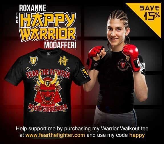 FTFClarke's tweet photo. This is exciting ! New Custom for one of my favourite fighters , Roxanne Modafferi "The Happy Warrior" use promo code "happy" to save 15% on her custom! @roxyfighter #roxyfighter #fearthefighter #roxanne #walkouttee #courage #strength #honor #kickass #invictafc #ufc #mma https://t.co/8psuZYq12w