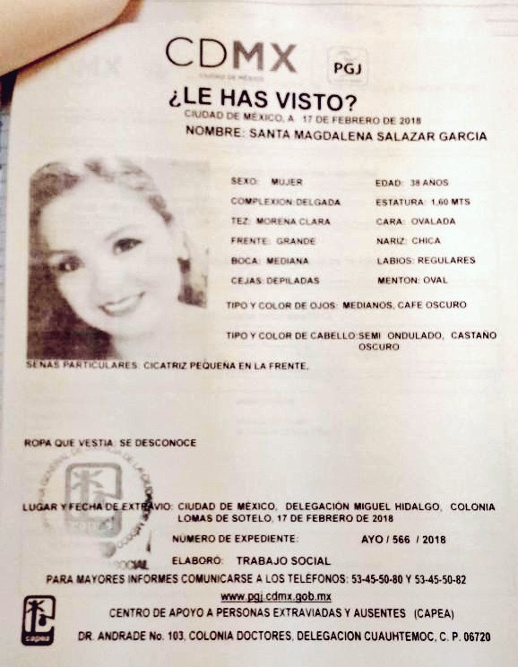 elconsejomx's tweet image. 📌 Solicitamos de su ayuda para localizar a SANTA MAGDALENA SALAZAR GARCIA de 38 años. Lugar de extravío: Col. Lomas de Sotelo, @delegacionMH. Llámanos al 5533-5533, del interior de la república al *5533, las 24 horas. 👉🏼 FAVOR DE DIFUNDIR
