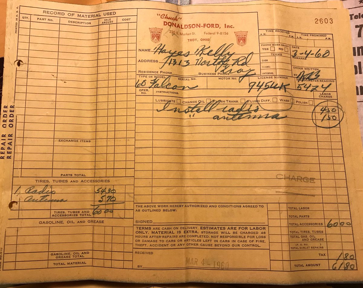 blainekelley's tweet photo. Dad paid $61.80 for @Ford to add a radio + antenna to his new ‘60 #Falcon! Followed the delivery truck to the dealership and bought the 1st Falcon in the area without a test drive! Dealership begged him to let them keep the car in the showroom for people to see this new car! https://t.co/JfL8MqLix4