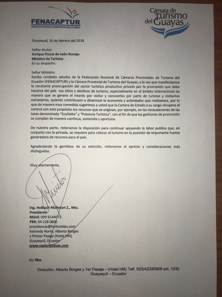patoedg's tweet photo. Respaldamos solicitud de @fenacapturec q realiza a @TurismoEc @Lenin @ppsesa sea devuelto lo recaudado por impuesto #ecodelta para promoción, potenciar el #turismo del #Ecuador y presupuesto Mintur @GabiBritoA @PaulGranda @n_larenas @eluniversocom @HMunetonZ @UNSIONTV @teleramaec https://t.co/Gvo7uuaC36