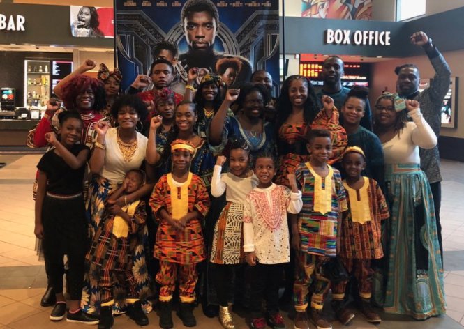 THR's tweet photo. #BlackPanther: Fans around the country dressed for opening weekend https://t.co/Ls4m4Wvq47 #WakandaForever https://t.co/aaCk0VAe8T