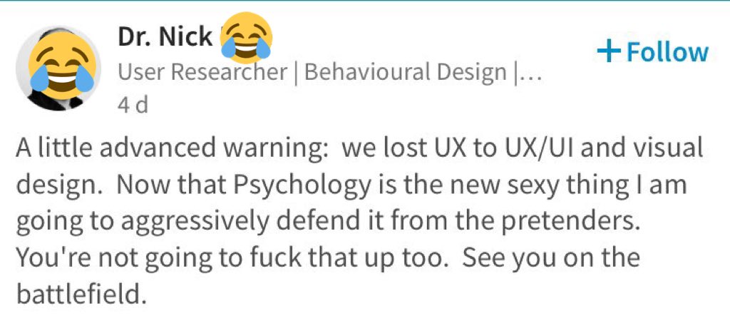 grumpyoldkid's tweet image. Spotted: some elitist talking like #psychology is actually a thing in digital. Buddy, it’s ONE part of #uxdesign - it’s all over your resume - but keep trying to validate your title and place in the #digital world.