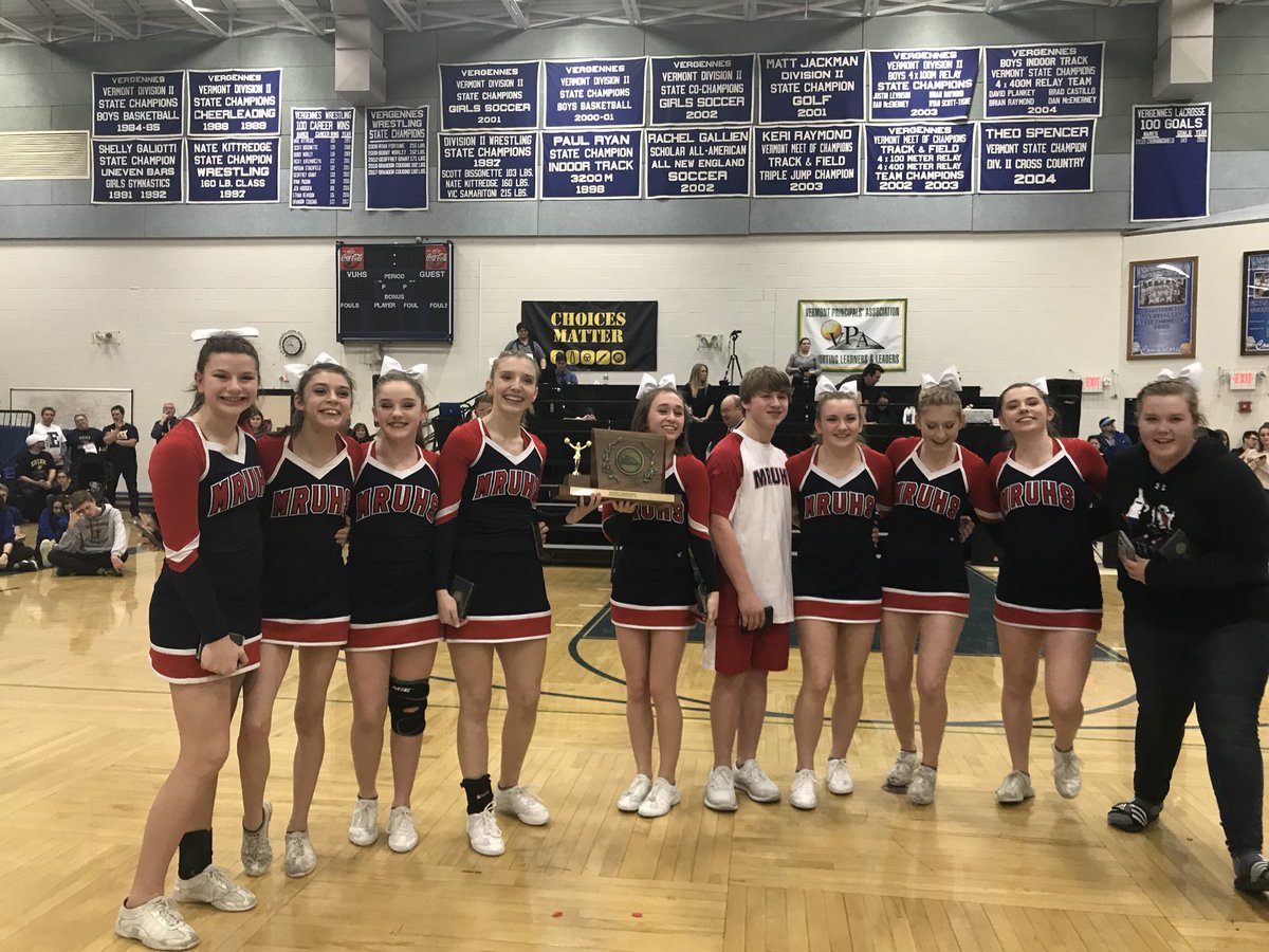 MRU_Minutemen's tweet photo. Hard-work, Dedication, Commitment &amp; Determination words that describe this group of MRU Cheerleaders!  Congratulations to all of you on a fantastic season and a special shout out to the coaching staff for their commitment day in and day out! Division 2 State Champs!  #vthscheer https://t.co/NYkdA4PMZr