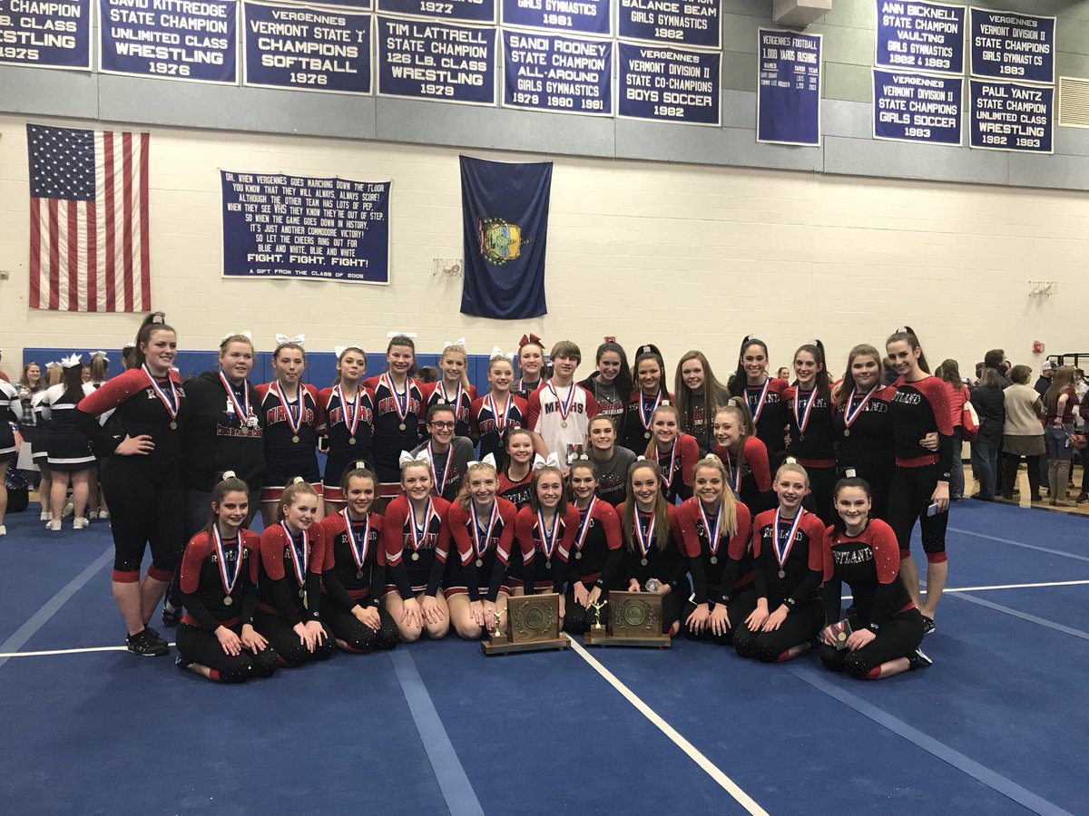 MRU_Minutemen's tweet photo. Rutland Country brining home the hardware!! State Champions Division 1 &amp; 2! @PrinFinnMRU33 @suptmoran @RHSBillOlsen #vthscheer https://t.co/a8pB0MwAy3