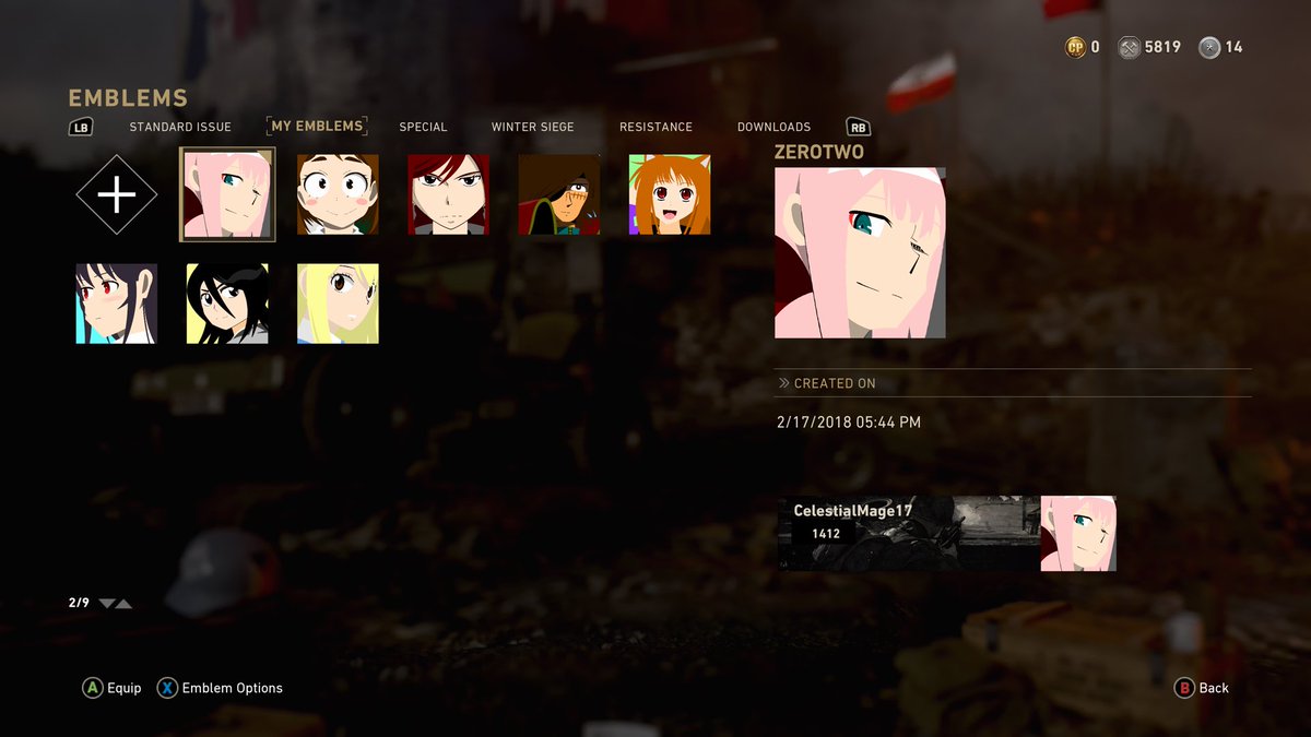Lucy_H_Lover's tweet photo. My newest #CODWWII emblem, #ZeroTwo from #DARLINGintheFRANXX #IGNime #Anime #XboxOne #CallofDuty #yayanime https://t.co/zzXGW7ZbmZ