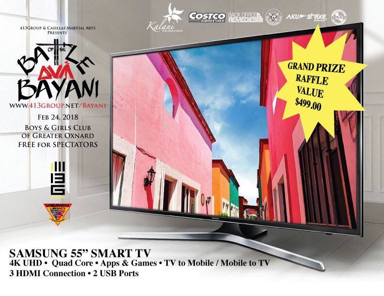 413_group's tweet photo. During the BATTLE of the BAYANI we will be raffling this 55” Samsung Smart TV. Come join us for more info go to https://t.co/wmIPAQAD7m #battleofthebayani #413group #filipinomartialarts #fmaschool #eskrima #kali #arnis https://t.co/rnFeypKRvo