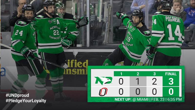 UNDmhockey's tweet photo. FINAL: North Dakota picks up the win and a split at Omaha and moves into a third-place tie in @TheNCHC! Cam Johnson with the 26-save shutout. Goals by Gersich, Simonson, Gardner! #UNDproud #NCHCHockey https://t.co/Gj3EjM7TGG