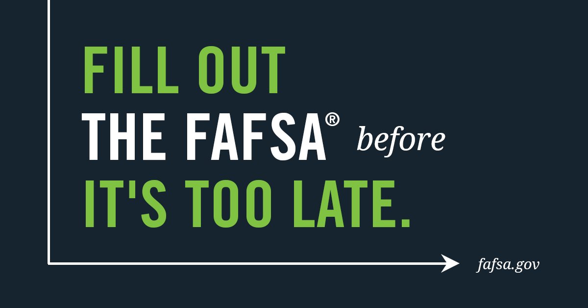 FAFSA's tweet image. Submit your FAFSA form now! Some schools offer financial aid on a first-come, first-served basis. Don't miss out! fafsa.gov
