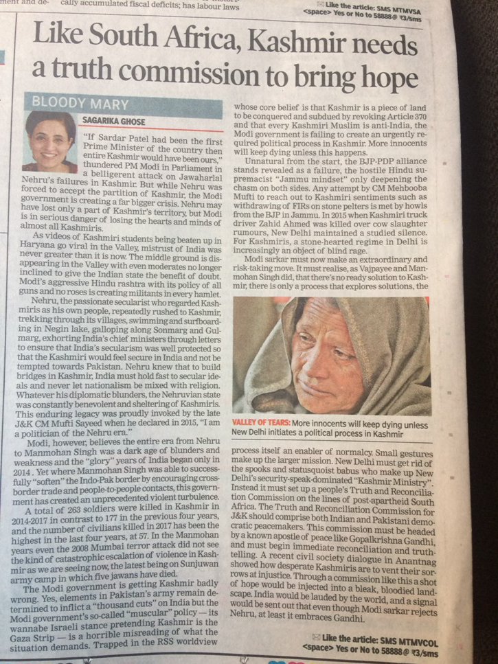 sagarikaghose's tweet image. Nehru may have lost Kashmiri land but Modi losing Kashmiri hearts &amp;amp; minds. Why J&amp;amp;K needs a Truth Commission. My take