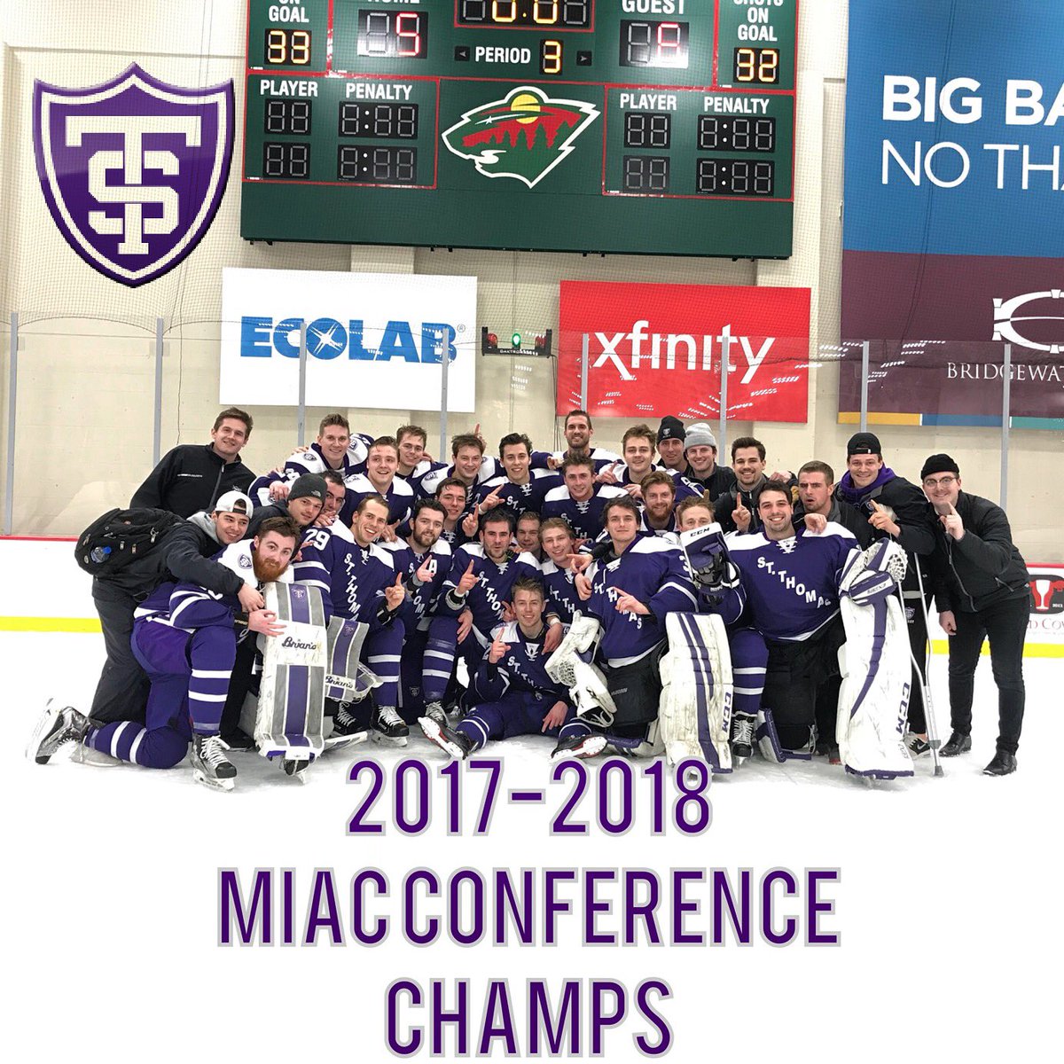 TommieMHockey's tweet photo. Not easy to win in the MIAC, let a lone a Conference Championship! The boys pulled together after being down 3 to win 6-5! #miacchamps #purplereign https://t.co/P51KXzeYky