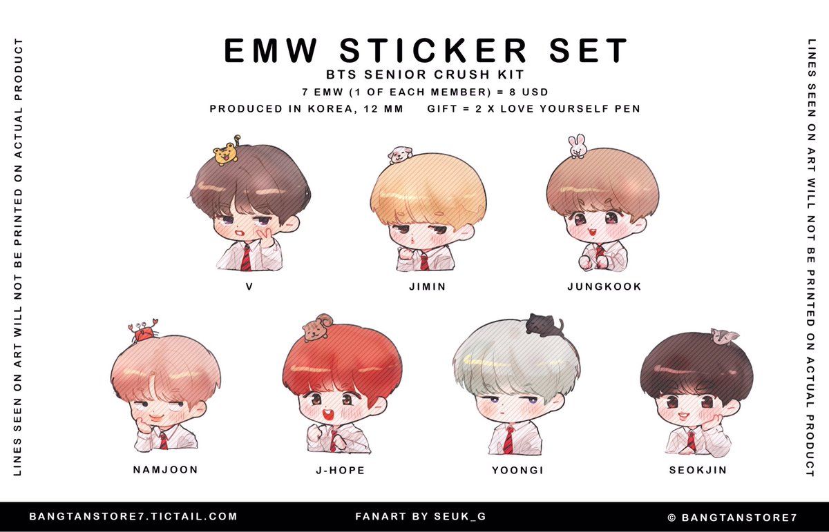 BangtanStore7's tweet photo. < RT TO WIN 1 SET 🎉 > 
#BTS SENIOR CRUSH KIT 💋🔥
Made by @BangtanStore7 
-
😍 EMW Stickers Set = 8 USD
💄 Tees Set = 9 USD
✈️ We ship worldwide! 
📍Looking for G.O manager, DM us!
🌈 Fanart by @seuk_g 
-
Place your order on our website here: https://t.co/Zxq9uDkiT5 https://t.co/TKA8qkFv5b