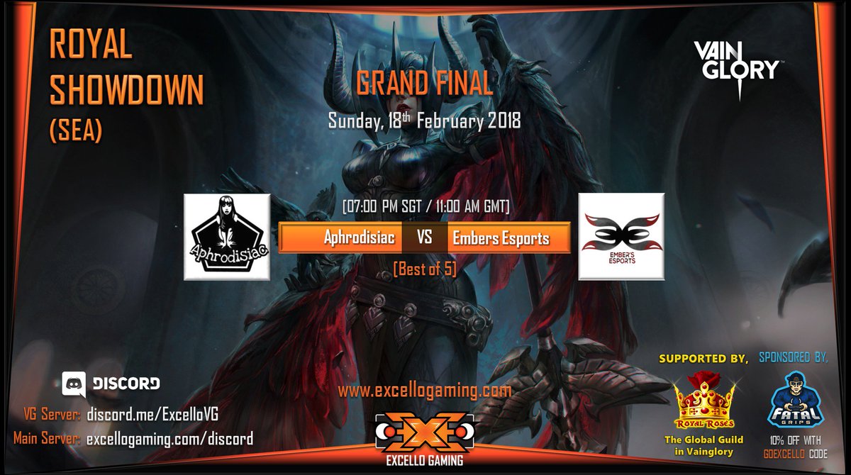 excello_gaming's tweet photo. 👑Royal Showdown SEA⚔️

GRAND FINAL

Aphrodisiac vs Embers Esports

Watch it on: 
https://t.co/koLyk0FTgq 
https://t.co/lPPQMUaZ2y 

Streamer: @AmKashz 
Casters: @MileenaKitanaVG @maxman30 

@vainglory @RoyalRosesVG @FatalGrips https://t.co/eXQuwyygXD