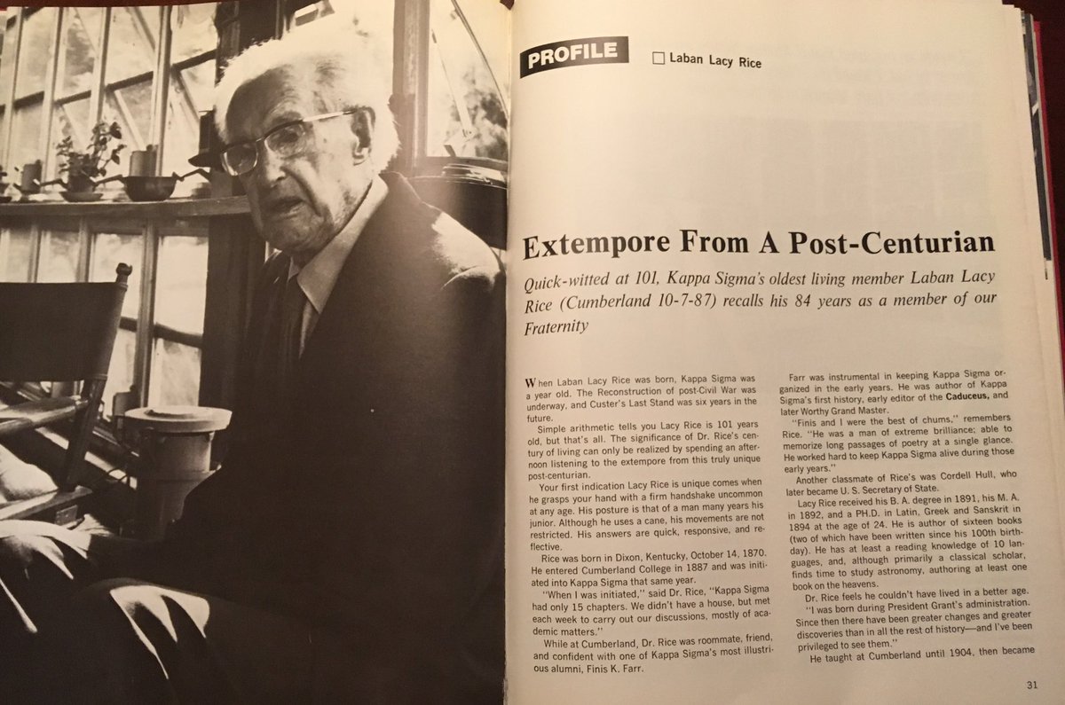 thompsontl's tweet photo. The leader of the five founders of Theta Chapter at @CumberlandU Laban Lacy Rice was in 1971 Kappa Sigma's oldest Brother. This is an article from The Caduceus @CUThetaPrime https://t.co/O22NGy4uaM