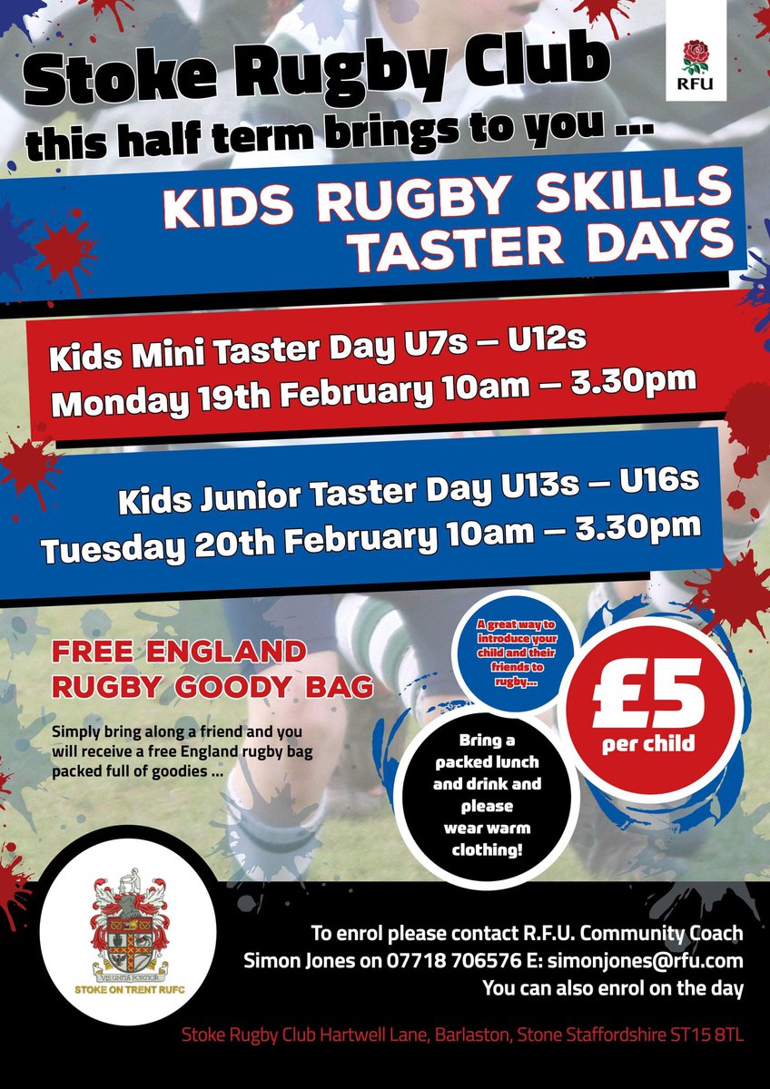 twooduk's tweet photo. ****** Rugby Taster Sessions *****

Looking for something to do this February half term with the Kids!
Why not come along to the Stoke Rugby Club; mini &amp; junior rugby taster sessions!
This is a great opportunity to get the children enjoying a great team sport that is open to all. https://t.co/gQeOAxzUp2