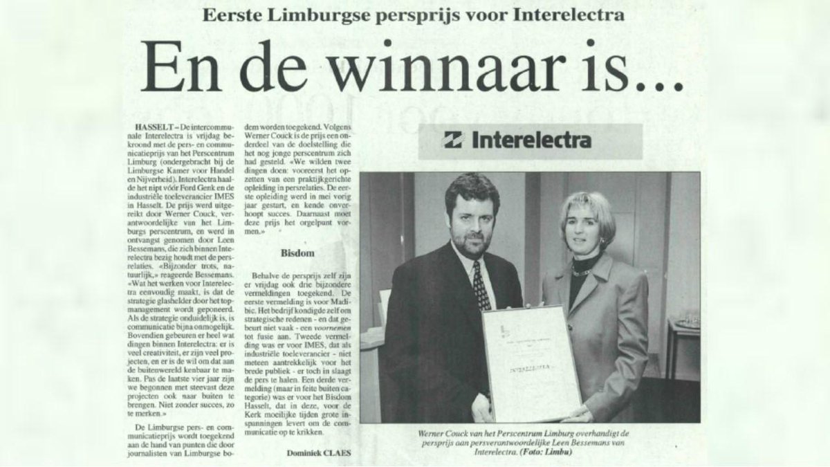 CommafLimburg's tweet photo. 20 jaar geleden won Leen Bessemans voor Interelectra de 1ste PLC Persprijs. Die persprijs wordt op 22 maart opnieuw uitgereikt tijdens Comm'Af. Zie krantenartikel van 13 februari 1998 (met dank aan DC van HBVL). @VOKA_Limburg https://t.co/FbSiBnQ2zm