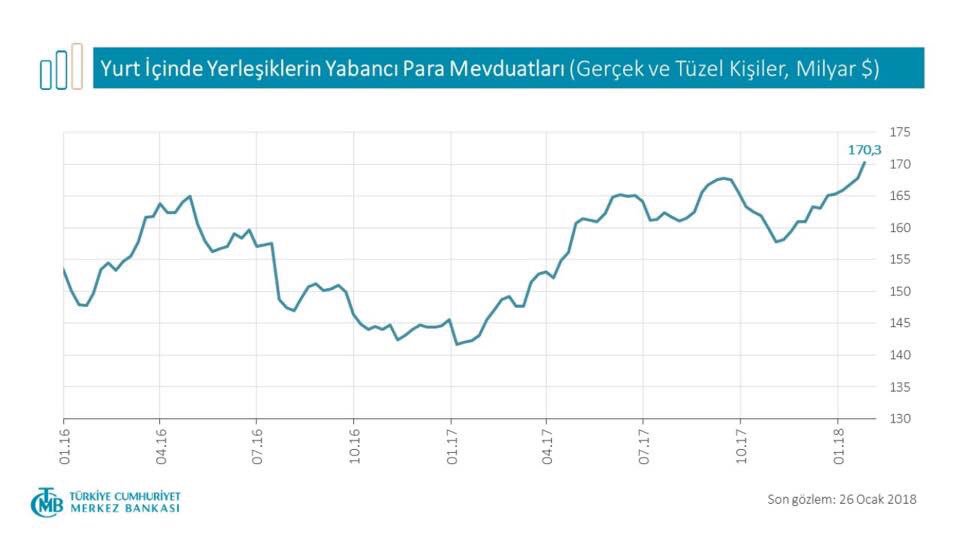 Yurt İçinde Yerleşiklerin Yabancı Para Mevduatları 170,3 milyar dolar olmuş.
