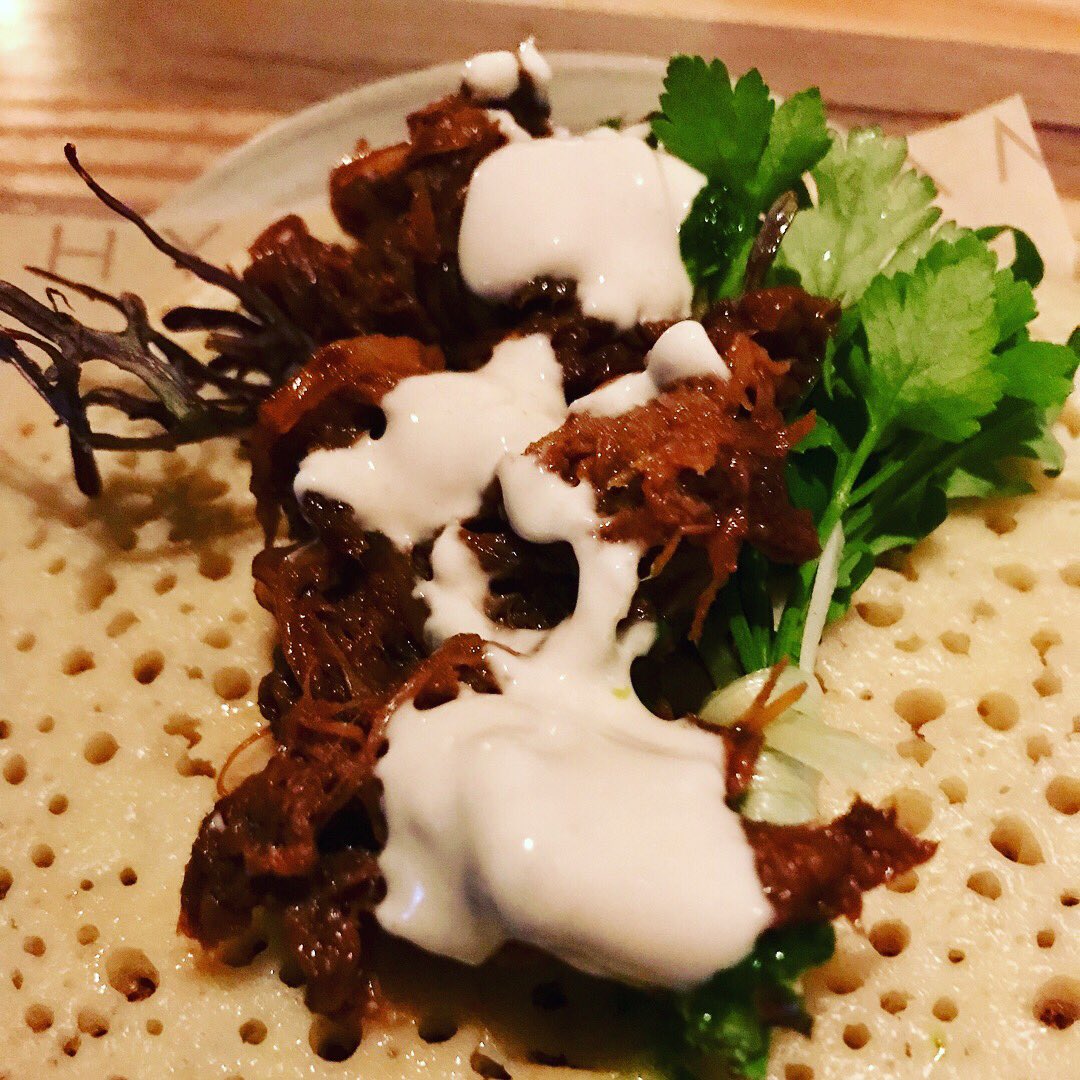 BonnieStern's tweet photo. Stellar meal #mashya #telaviv ending w/ malabi topped w/ pumpkin & beginning w/ guava margaritas + 6-hour braised oxtail terrine, kataef topped w/ lamb neck & tuna tartar w/ shaved dried yogurt & eggplant. https://t.co/5hsBMalWRu