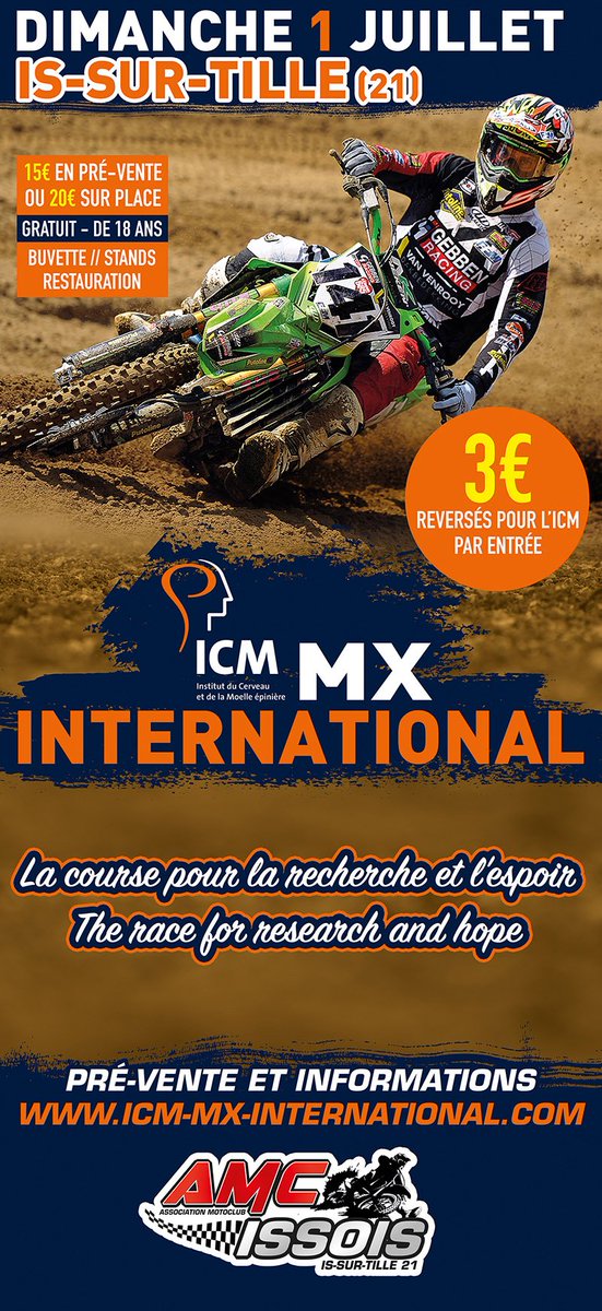 AMCIssois's tweet photo. La billetterie pour le 1 juillet est ouverte. 3€ par entrée reversés à l'ICM Institut du cerveau et de la moelle épinière. +d'infos https://t.co/cAKuEJBgiY #LCER #motocross #picoftheday #SXonFOX #supercross @F3Bourgogne #Supercross https://t.co/udBBoLHk97