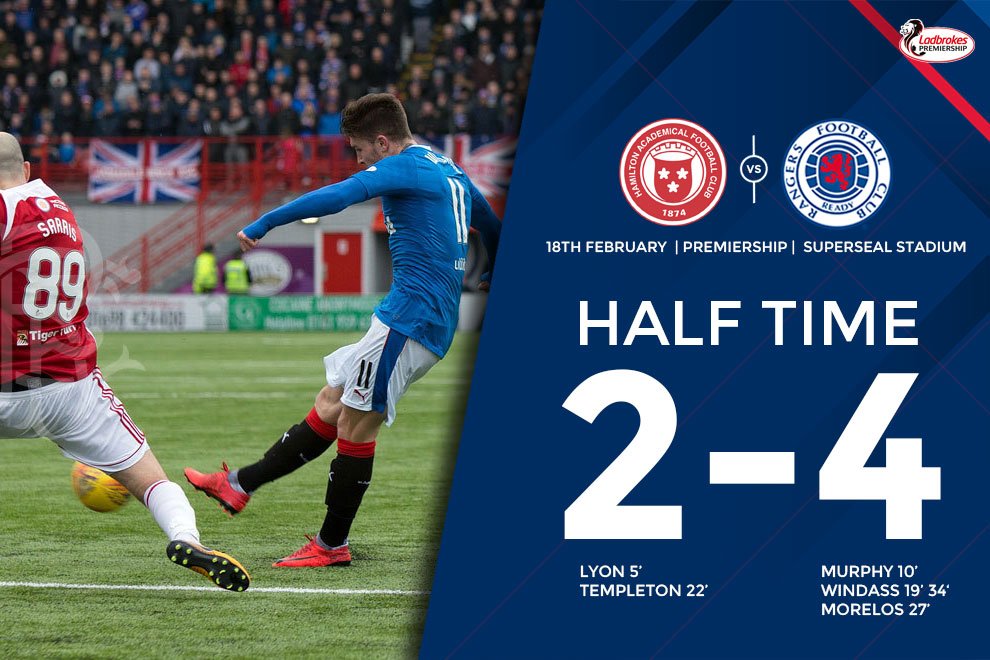 HALF TIME: Hamilton 2-4 Rangers (Lyon 5 Templeton 22 | Murphy 10 Windass 19 34 Morelos 27)

After falling behind to an early goal, Rangers respond with four goals in an action-packed first half.