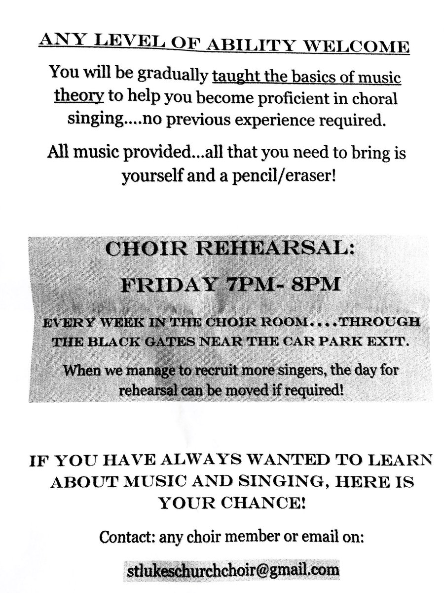 JanetDillon2013's tweet photo. St. Luke’s Douglas Church of Ireland, under the direction of Mark Slade, is recruiting singers for its four-part choir. See information on attached photos. Email stlukechurchchoir@gmail.com for details https://t.co/KVe7OhHm7a