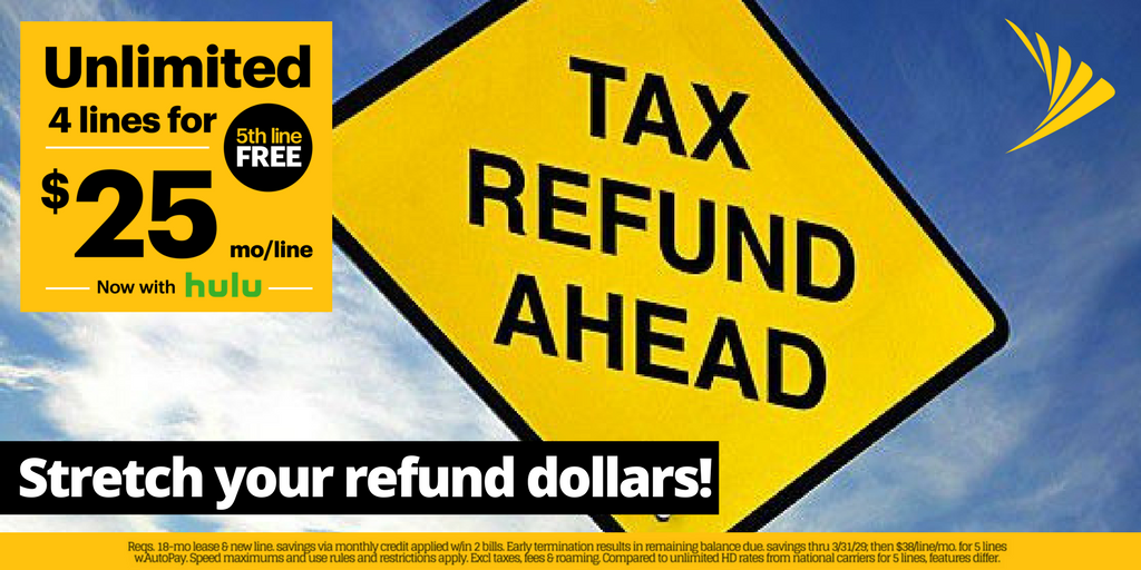AdcommDigitelHQ's tweet photo. Stretch your #TaxReturn dollars by switching to Sprint and get Unlimited for $25/mo/line for 4 lines, and get your 5th line FREE!  Plus, get hulu included for FREE #WorksForMe https://t.co/WS67syi7yO