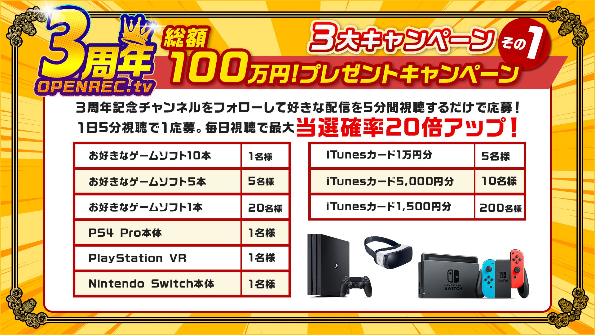 Openrec 公式 無料で誰でも応募可能 Openrecを5分視聴で Ps4 Pro Switch Ps Vr お好きなソフト10本など抽選で244名に当たるキャンペーン実施中 毎日視聴で当選確率が最大倍アップ キャンペーン詳細はコチラ T Co Lditbse9jw